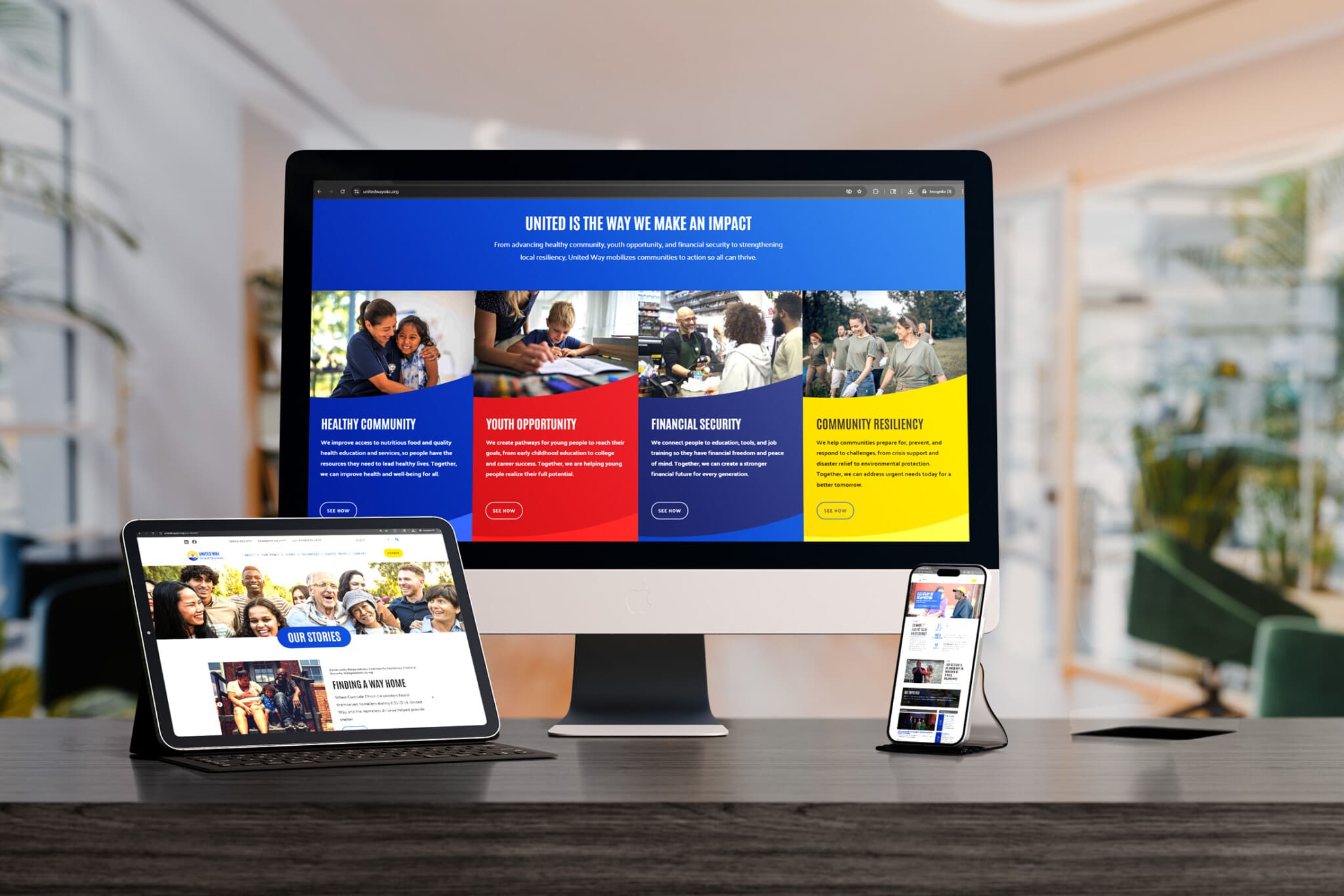 United Way of Central Oklahoma website redesign by PixelMongers, shown on desktop, tablet, and mobile — featuring new brand colors and updated logo in a responsive WordPress layout.”