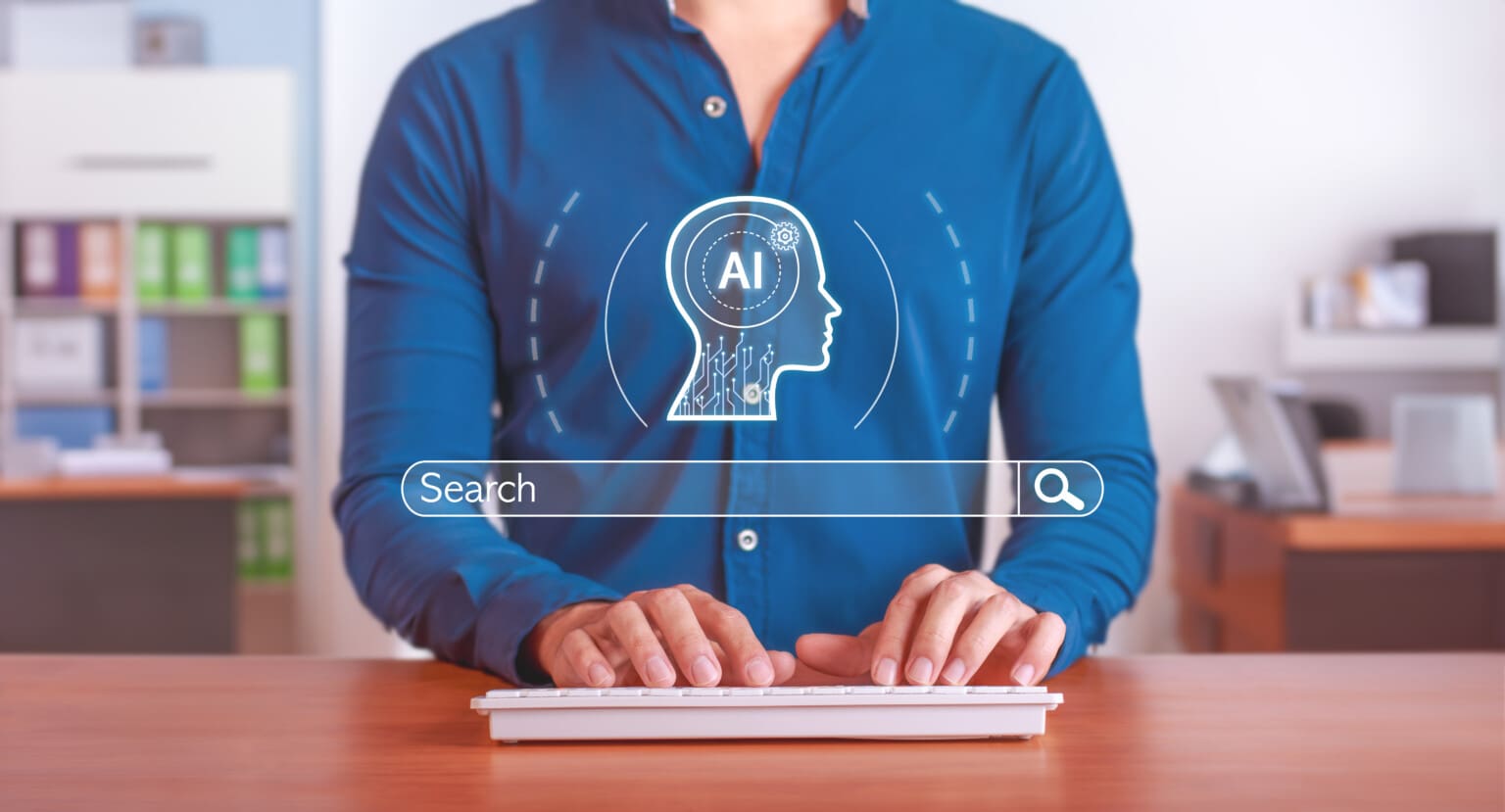 Person typing on keyboard with AI search concept overlay showing a digital head silhouette with AI circuitry and a search bar