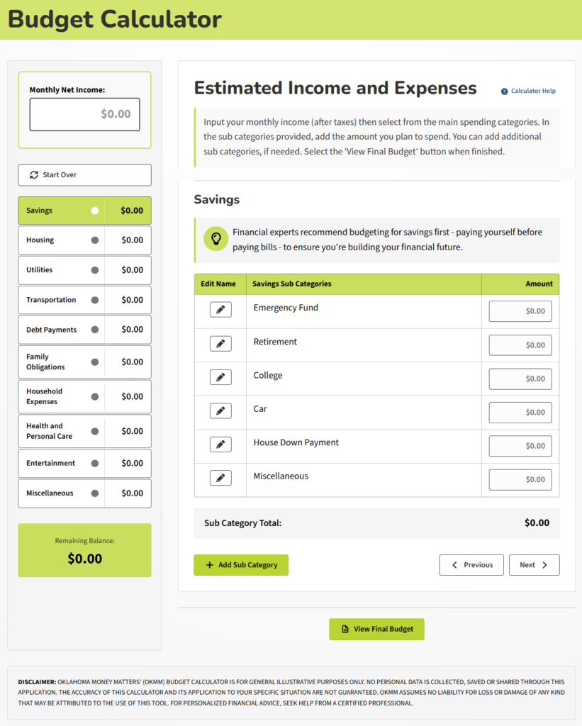 OKMM Budget Calculator user interface